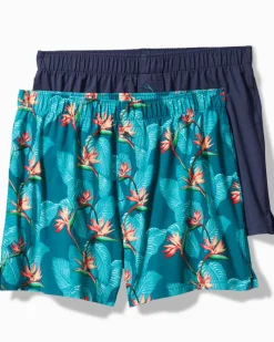Tommy Bahama Big & Tall Tropical Print & Solid Knit Boxers—2-Pack Bright Teal Clearance