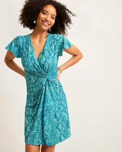 Tommy Bahama Clara Playa Python Short-Sleeve Faux-Wrap Dress Atlantis Teal Online