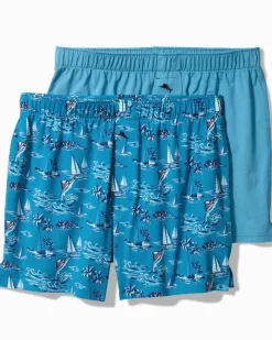 Tommy Bahama Cotton Knit Marlin Print Boxers — 2-Pack Slate Teal Hot