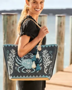 Tommy Bahama Embroidered Fiesta Crab Tote Blue Hot