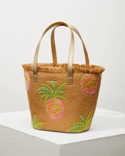 Tommy Bahama Flamingo Pineapple Straw Tote Natural Pink