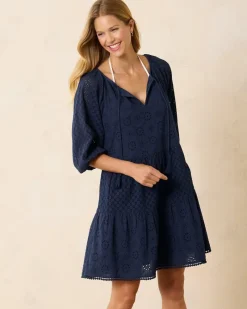 Tommy Bahama Harbour Eyelet Tiered Coverup Dress Mare Navy Clearance