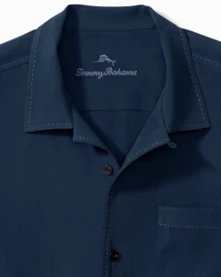 Tommy Bahama Hawaiian Herringbone Silk Camp Shirt Navy Hot