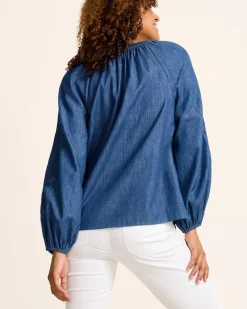 Tommy Bahama Indigo Cove Embroidered Blouse Dark Sky Wash Online