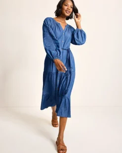 Tommy Bahama Indigo Cove Embroidered Midi Dress Dark Sky Wash