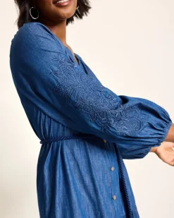 Tommy Bahama Indigo Cove Embroidered Midi Dress Dark Sky Wash