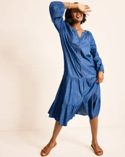 Tommy Bahama Indigo Cove Embroidered Midi Dress Dark Sky Wash