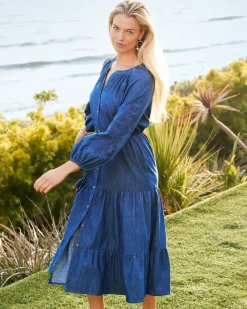 Tommy Bahama Indigo Cove Embroidered Midi Dress Dark Sky Wash