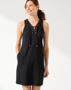 Tommy Bahama Island Cays Lace-Up Coverup Dress Black Outlet
