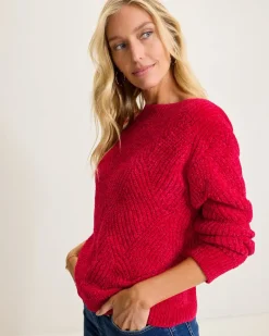Tommy Bahama Island Luna Chenille Shell Stitch Boat-Neck Sweater Tango Red Outlet