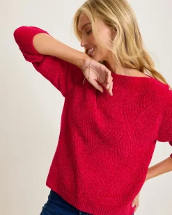 Tommy Bahama Island Luna Chenille Shell Stitch Boat-Neck Sweater Tango Red Outlet