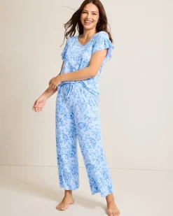 Tommy Bahama Jersey Short Sleeve & Cropped Pants Pajama Set Big Sky Blue Best