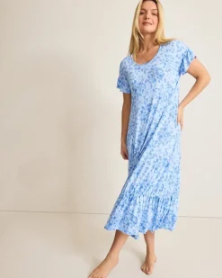 Tommy Bahama Jersey Short-Sleeve Maxi Sleep Dress Big Sky Blue New