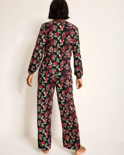 Tommy Bahama Jersey Split-Neck Long Sleeve & Pants Pajama Set Black Cherry Outlet