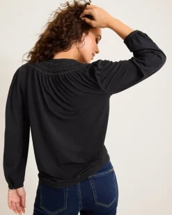 Tommy Bahama Kauai Long-Sleeve Smocked Top Black Discount