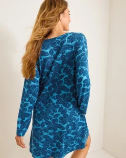 Tommy Bahama Knit Long-Sleeve Short Sleep Dress Deep Sea Teal Best