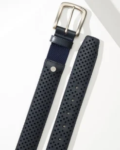 Tommy Bahama Leather Mesh Cushion Performance Belt Navy Hot