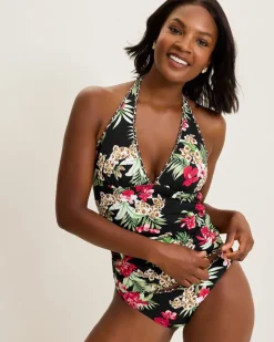 Tommy Bahama Lily Cat Reversible Halter Tankini Top Black Rev Sale