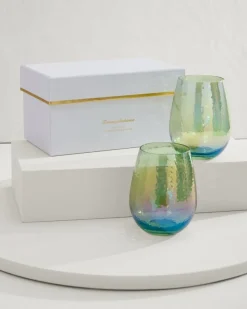 Tommy Bahama Luster Stemless Wine Glasses — Set of 2 Light Blue New