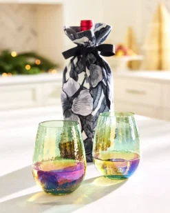 Tommy Bahama Luster Stemless Wine Glasses — Set of 2 Light Blue New