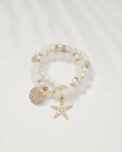 Tommy Bahama Moments in Paradise Quartz and Pearl Stretch Bracelet Set Gold