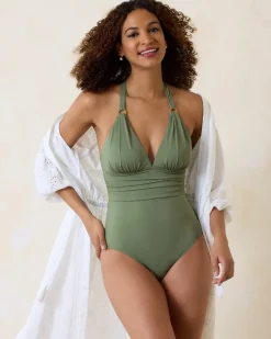 Tommy Bahama Paradise Fronds V-Neck One-Piece Swimsuit Tea Leaf Outlet