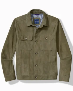 Tommy Bahama Pine Lake Suede Trucker Jacket Beetle Green Sale