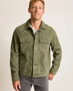 Tommy Bahama Pine Lake Suede Trucker Jacket Beetle Green Sale