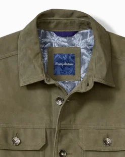Tommy Bahama Pine Lake Suede Trucker Jacket Beetle Green Sale