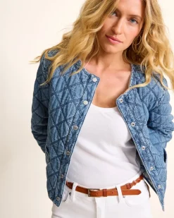Tommy Bahama Quilted Cropped Denim Jacket Vintage Playa Wash Best