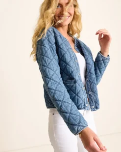 Tommy Bahama Quilted Cropped Denim Jacket Vintage Playa Wash Best