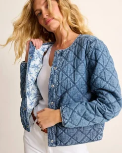 Tommy Bahama Quilted Cropped Denim Jacket Vintage Playa Wash Best