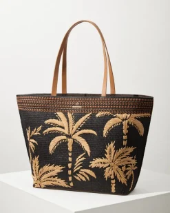 Tommy Bahama Raffia Palms Beach Tote Black Multi New
