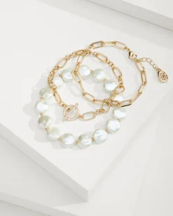 Tommy Bahama Sanibel Island Link & Pearl Bracelet Set Gold Hot