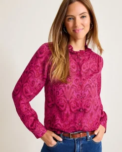 Tommy Bahama Seaside Ikat Long-Sleeve Ruffle-Neck Top Pink Papaya Sale