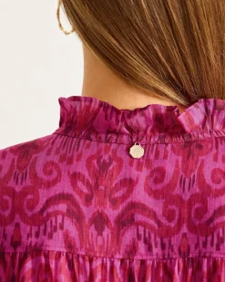 Tommy Bahama Seaside Ikat Long-Sleeve Ruffle-Neck Top Pink Papaya Sale