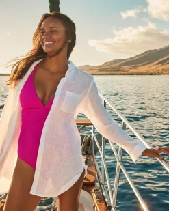 Tommy Bahama Shoreline Cotton Boyfriend Beach Shirt White Clearance