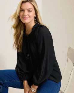 Tommy Bahama Silky Seas Smocked Peasant Top Black Clearance