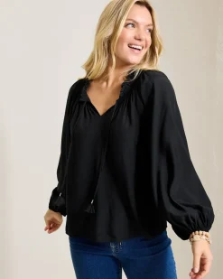 Tommy Bahama Silky Seas Smocked Peasant Top Black Clearance