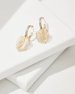 Tommy Bahama Tropical Blooms Pave Monstera Drop Hoop Earrings Gold Discount