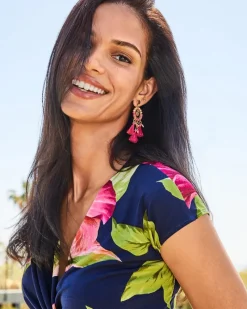 Tommy Bahama Tropical Blooms Tassel Shell Statement Earrings Fuchsia New