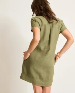 Tommy Bahama Two Palms Short-Sleeve Linen Collared Dress Tea Leaf New