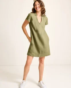 Tommy Bahama Two Palms Short-Sleeve Linen Collared Dress Tea Leaf New