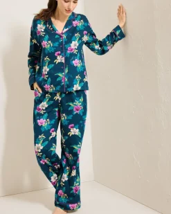 Tommy Bahama Woven Sateen Long Sleeve & Pants Pajama Set Summer Night Clearance